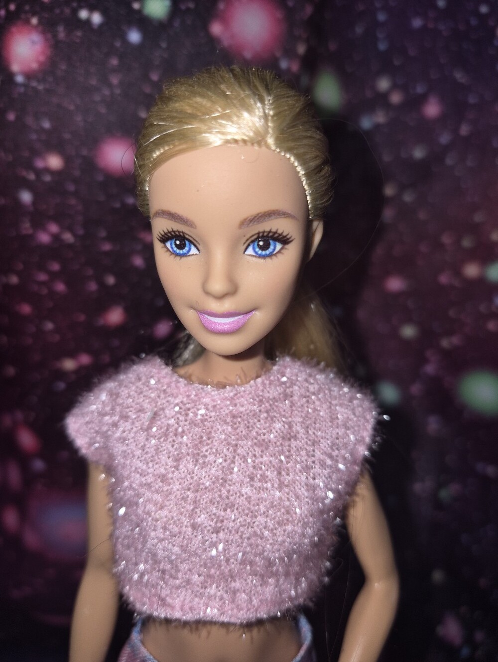 Barbie Doll Blonde Ponytail Pink Sparkle Top, Faux Denim Shorts & Pink Heels